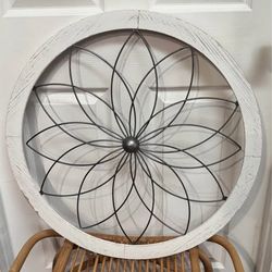 Metal Flower in Round Wood Frame Distressed ready to hang just $8