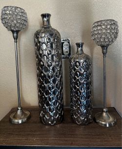Silver Decorative Vases and Crystal Candle Holders Set
