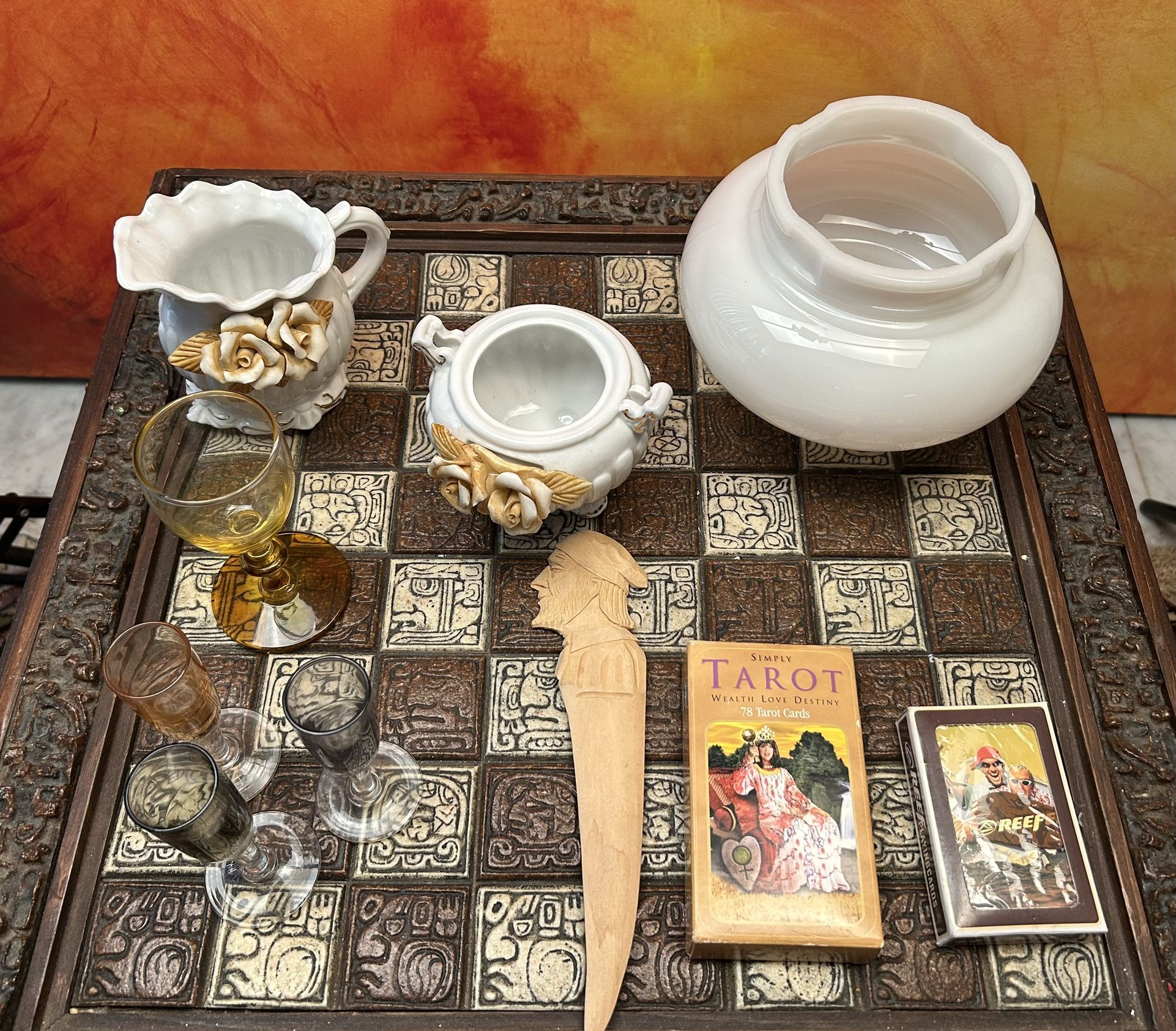 Lot For $10 Tarot Cards Blown Glass Carved Wood Lamp Shade Porcelain