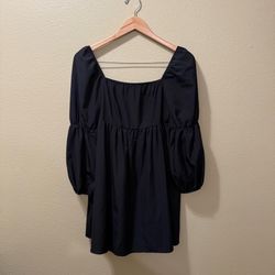Women’s Medium EXLURA Solid Black Balloon Peasant Long Sleeve Short Mini Dress