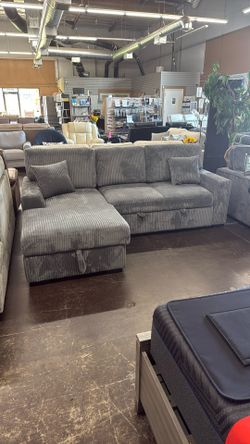 Gray Corduroy Sectional Couch With Pull Out Ottoman Bed
