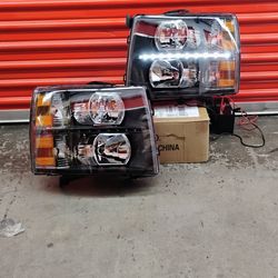 Pair LED DRL Headlights Compatible with (contact info removed) Chevy Silverado LED-Black Amber