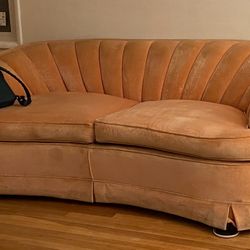 Very Heavy Vintage Peach Pink Channel Curved Back Sofa Couch Velvet Velour