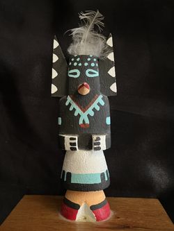 5” OWL Kachina Doll Black White Turquoise On Stand Wise Teacher Warrior Katsina