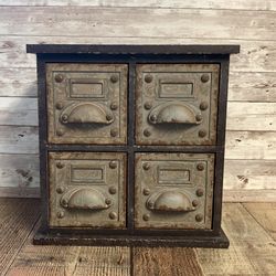 “Steam Punk” small chest of drawers. Metal, wood. New. 12x12x6 Near Lindsay.