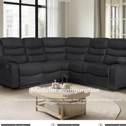New Black Leather Fully Reclining Sectional Couch 