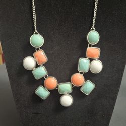 Charming Charlie Bib Style Statement Necklace W/White, Coral & Turquoise Acrylic Faceted Stones On Silvertone Chain 22" Total Length Adjustable 