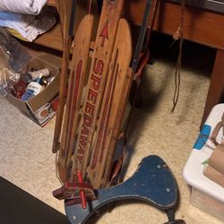 Antique wood, sled, and wood horse