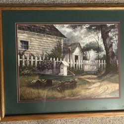 33 X 27 Framed Picket fence, wagon, yard Picture