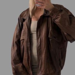 1990s Oversized Distressed Vintage Real Brown Leather Jacket: Retro Bomber Boxy Fit Coat BRAND NEW!