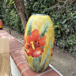 Large Hand Painted Floral Floor Vase – Red Flowers – 15” Decor NEW IN BOX