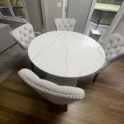 Four Gray Tufted Nail Head Dining Chairs 