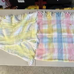 3 Baby Blankets:Yellow/white/teal fringed-$4; Blue/pink/yellow/white fringed-$7:multi colored-$2