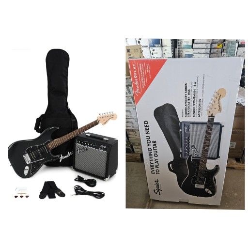 Squier by Fender Electric Guitar Kit, Affinity Series Stratocaster  Charcoal Frost Metallic, with Padded Guitar Bag, Frontman 15