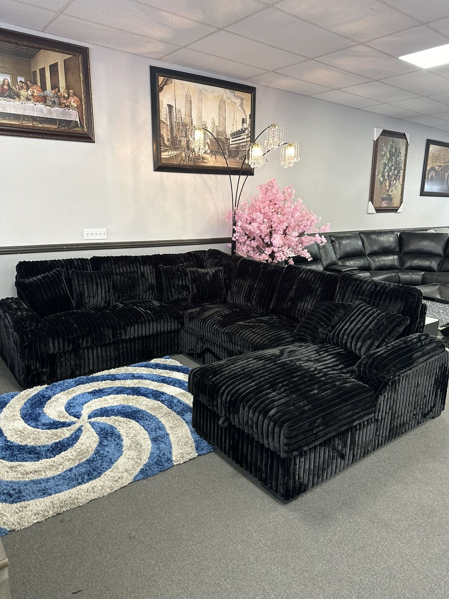 Black Fluffy Sofa Sectional With A Sleeper