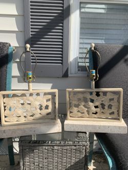 MCM Mid Century Modern Brutalist Torch Cut Metal Travertine Vintage Lamps Pair