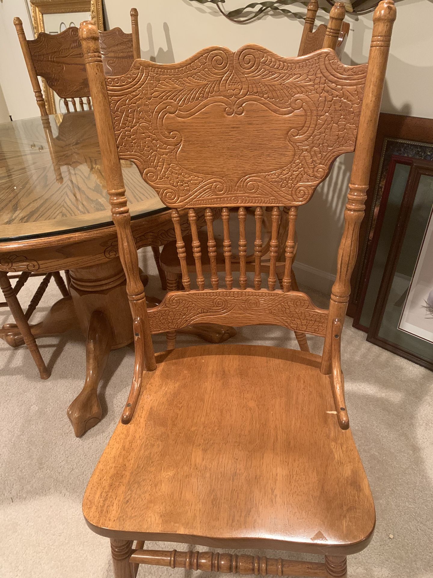 Oak pedestal table with extension and four chairs for Sale in Elm City