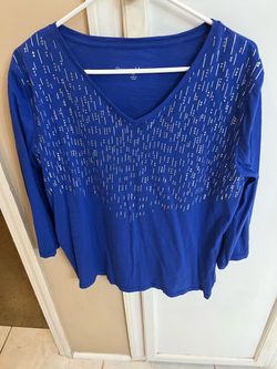 Blue V-Neck Top with Silver Embellishments
