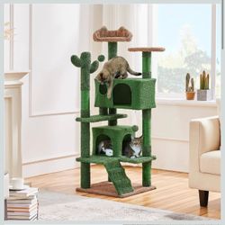 Cactus Cat Tree, 54in Tower w/Ramp, Animal-Ear Shaped Perch, Scratching Posts, Platform & Hanging Ball, Multi-Level Condo for Indoor Kittens, Green/Br