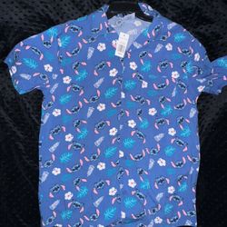 Disney Stitch Hawaiian Blue Button Up Shirt, Stitch All Over, Size Small NWT