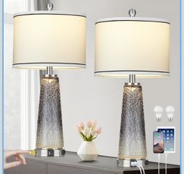 Glass Table Lamp Set of 2, 26" Modern Table Lamps with USB A+C Ports & AC Outlet, Touch Control Bedside Nightstand Lamp with LED Night Light for Livin