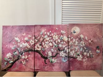 Dark pink with white flower and blue bird and butterflies