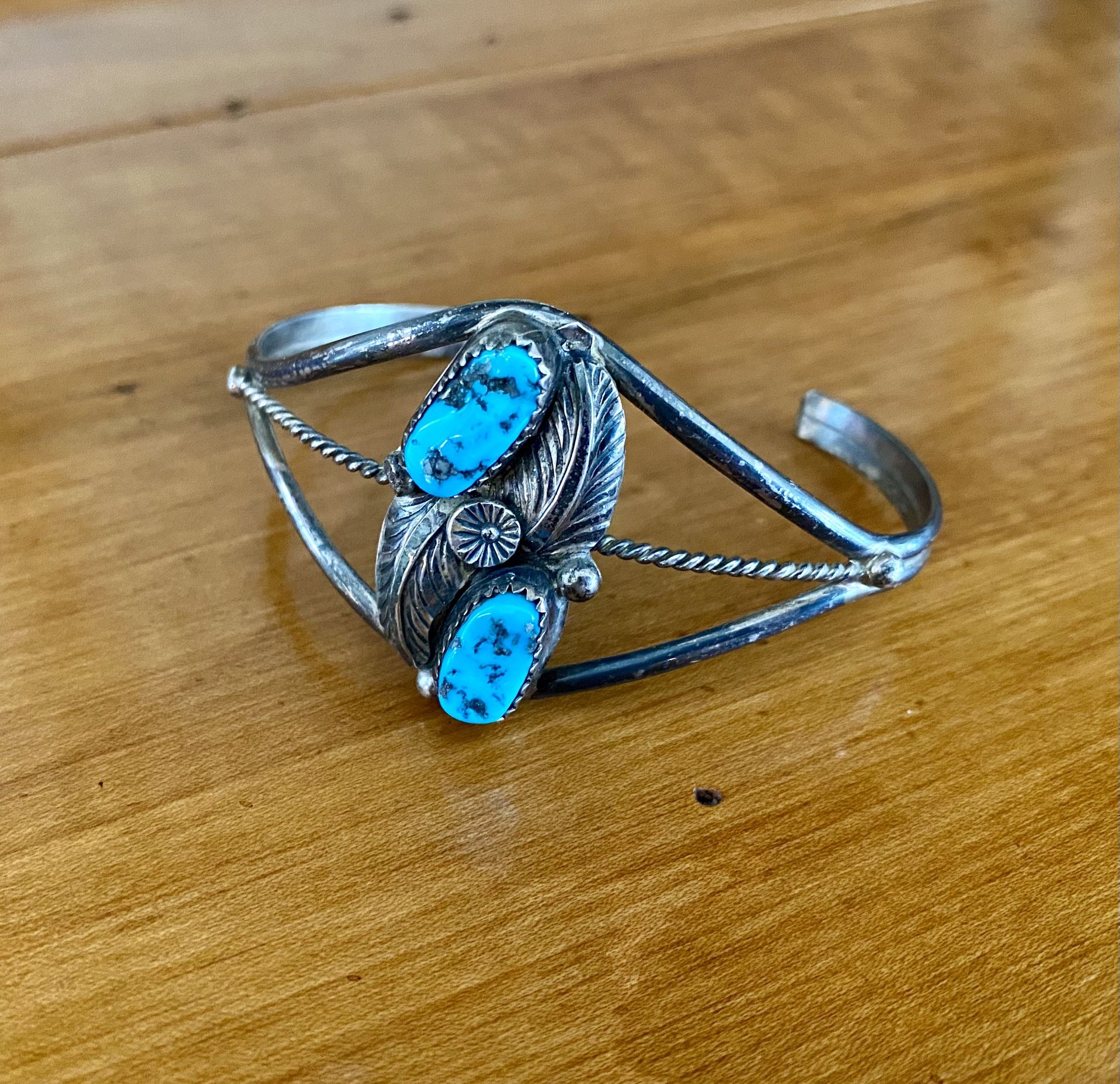 Vintage Squash Blossom Sterling Silver Turquoise Cuff size 6 1/4”