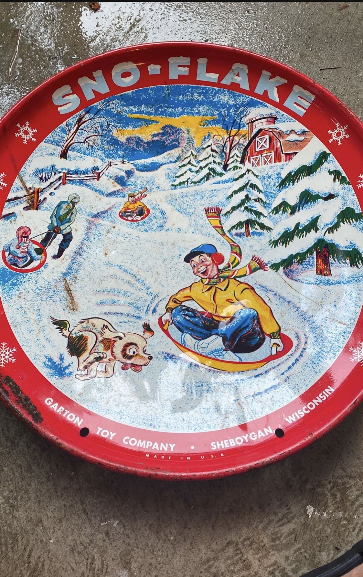 Vintage Sno-Flake Garton Toy Co Sheboygan, WI Metal Snow Saucer Sled Disc 26”