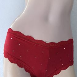 Victoria’s Secret PINK Cheeky Panties Red Lace Trim Rhinestone Dot Vintage New