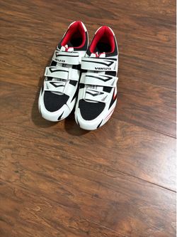Venza- Compatible w/ Look Delta Bicycle Road Cycling  Riding Shoes Red/Black/White Mens size 8/Biking Road Shoes Womens Size 10.5
