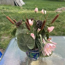 22.5" Faux Lotus Flower & Cattail Arrangement in Blue Ceramic Pot
