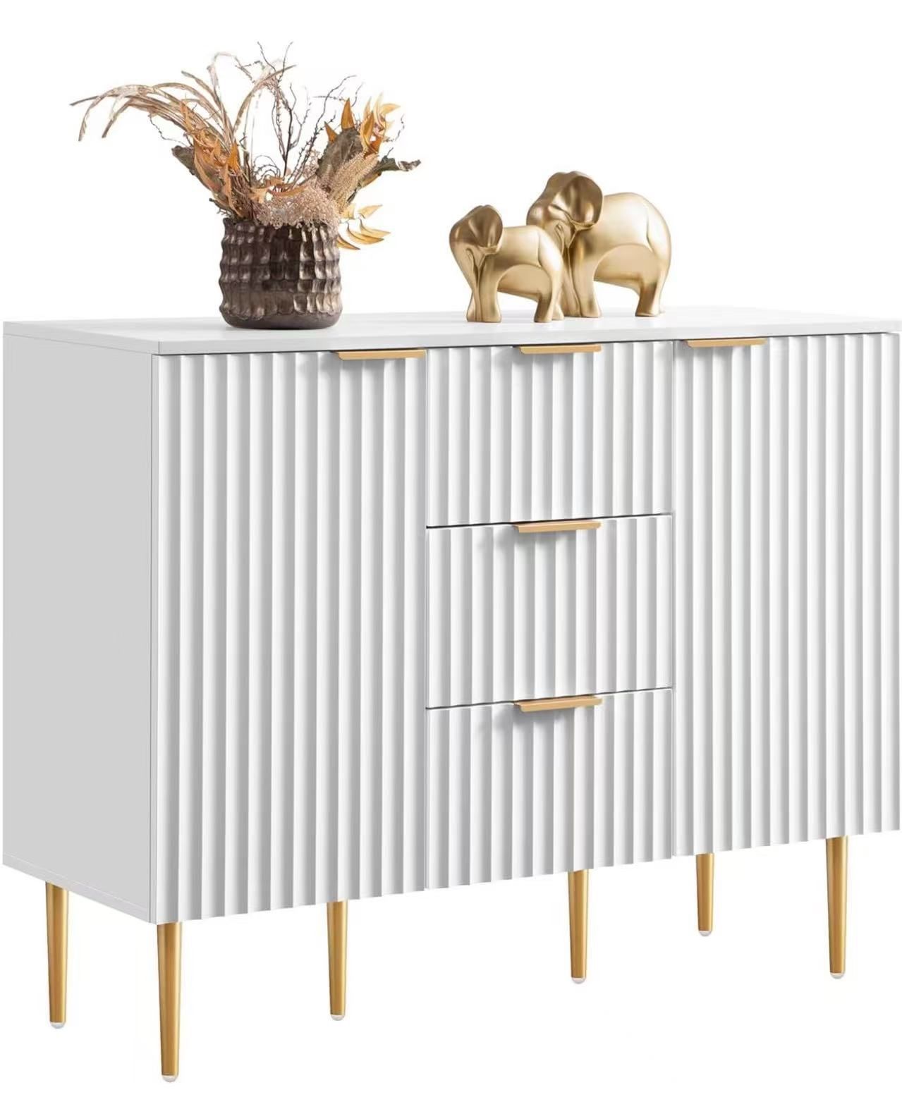 SICOTAS Buffet Sideboard Fluted Storage Cabinet with Doors and Shelves, White Fluted Buffet Sideboard with 3 Drawers, Accent Cabinet Coffee Bar Kitche