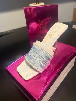 Kayleen Slide Heels White Blue Pattern and gold ones too