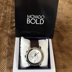 Movado Bold Chronograph Watch (contact info removed) Swiss Silver Dial Brown Leathe