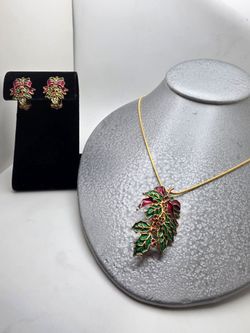 Gold-Tone Red & Green Poinsettia Necklace and Earring Set