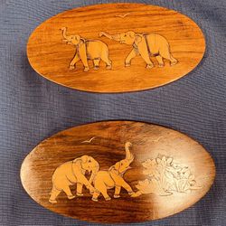 Beautiful Vintage Solid Wood Wall Plaques With Inlaid Elephants 