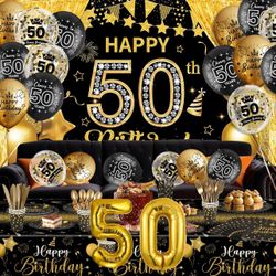 50th Birthday Decorations for Men Women,131PCS Black Gold 50th Birthday Party Supplies with Black Gold Happy 50th Birthday Banner Balloons Napkins Cup