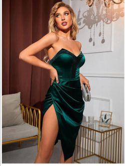 Parthea Bustier Wrap Hem Tube Satin Dress Dark Green Size Small
