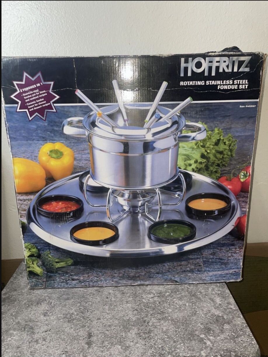 Rotating Hoffritz Deluxe 18/10 Stainless Steel Fondue Set w/6 Forks #402067 NEW Open Box