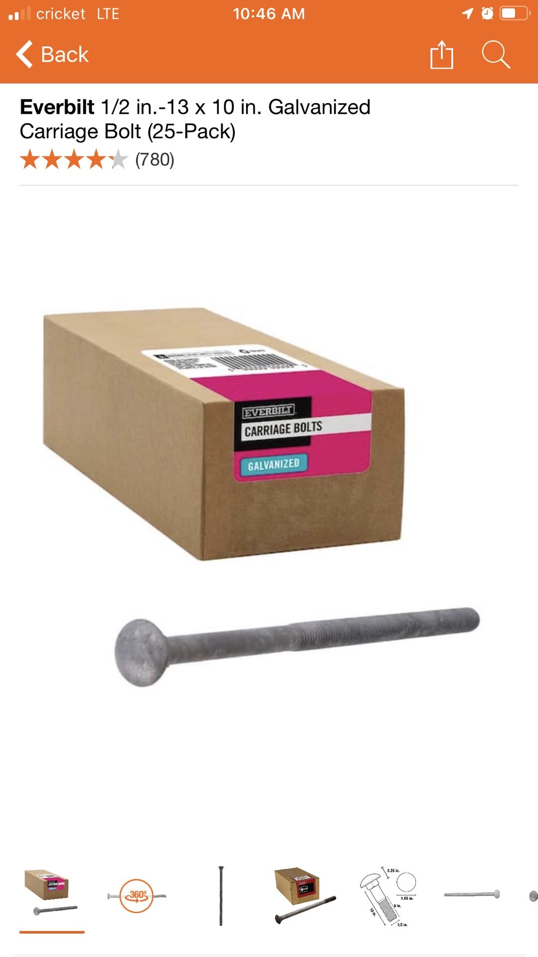 Everbilt 1/2 in.-13 x 10 in. Galvanized Carriage Bolt (25-Pack)