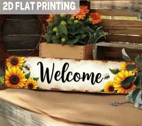 2D Flat, 1pc ChenYiMom Rustic Sunflower & Bee Wooden Welcome Sign - Vintage Farmhouse Wall Decor with Honeycomb Beehive Design, Artificial Wood Panel 