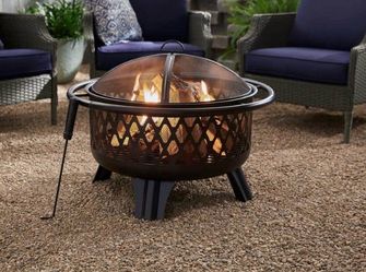 Piedmont 29.6 in. W Black Steel Wood Outdoor Fire Pit with Screen and Poker Included