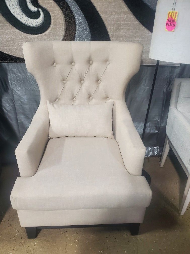Beige Wing Back Accent Chair With Nail Heads