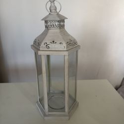 17” Distressed White Hanging Candle Lantern