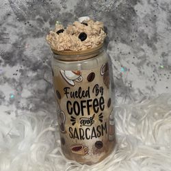 160z  Coffee theme Glass Cup. With Straw