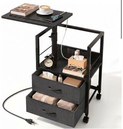 Lift Top Nightstand with Charging Station, Rolling Side Table for Recliner, Bedside Table with Wheels & 2 Fabric Drawers, for Small Spaces, for Bedroo
