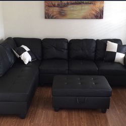 Black Leather Sectional Couch And Ottoman
