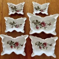 VINTAGE FERN MADE JAPAN SET OF 6 PORCELAIN BUTTERFLY NESTING DISHES GOLD TRIM FLORAL ROSE  In good condition  Largest approx 6.5” x 4.5” Smallest appr