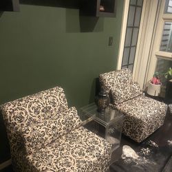Pair Of Black Print Linen Slipper Chairs