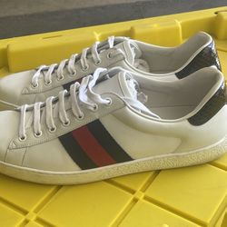 Gucci Ace White Leather Lace up Sneaker, Blue/Red Stripe, Men's Size 7.5 UK 8 US